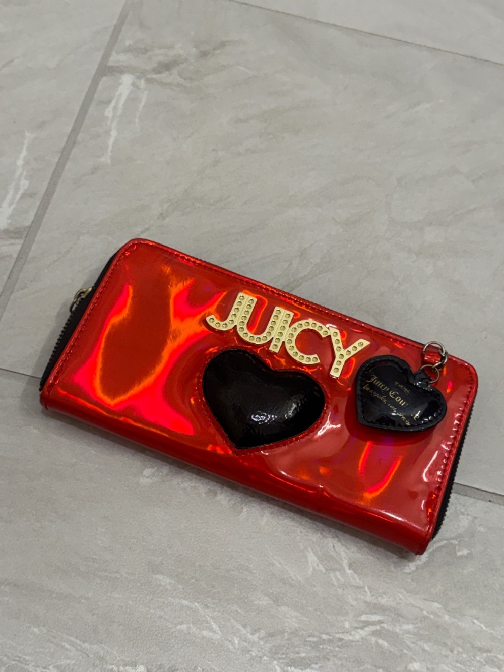 Juicy Couture Y2K Red Patent Zip Around Wallet Rhinestone Logo Heart Charm